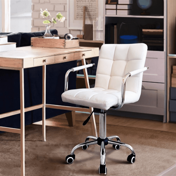 Yaheetech Height Adjustable PU Leather 360° Swivel Office Chair with Armrests, White