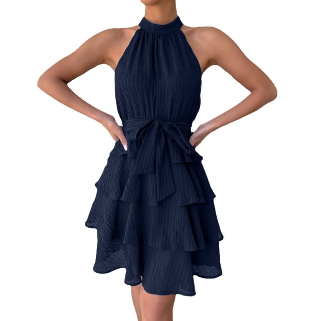 B91xZ Robes Printemps Été Sans Manches Col Carré Robe à Volants Taille Élastique Robe Trapèze Mini, Bleu L