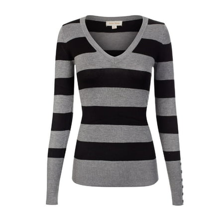 Made by Olivia Women's Basic Long Sleeve Stripe Pullover Sweater Black/HeatherGrey