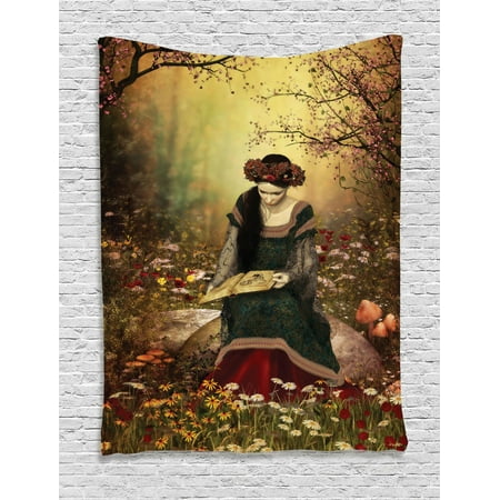 Medieval Decor Wall Hanging Tapestry, Lady Sitting On A Stone And Reading Book Forest Flowers Grass And Trees Medieval Time Art, Bedroom Living Room Dorm Accessories, By