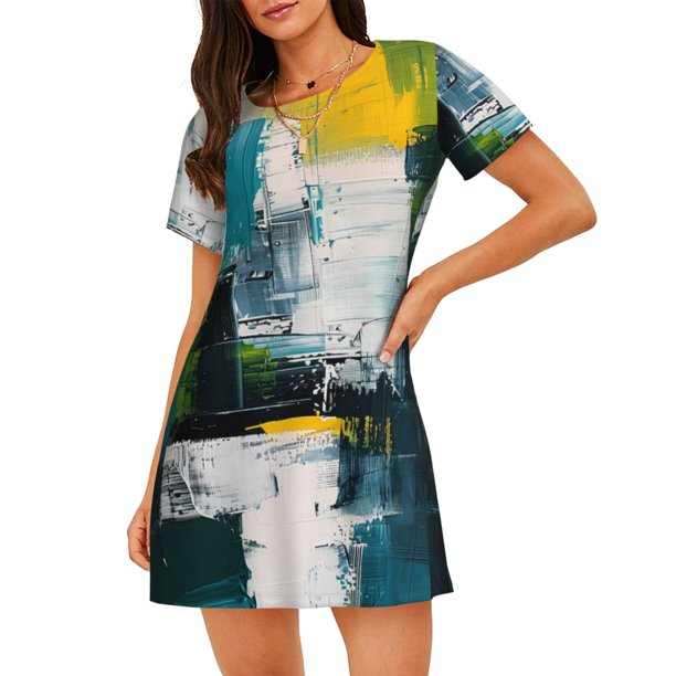 Fotbe Abstract Brushstrokes Green Blue Bata de Dormir para Mujer con Estampado, Camisón de Algodón de Manga Corta, Ropa de Dormir Casual