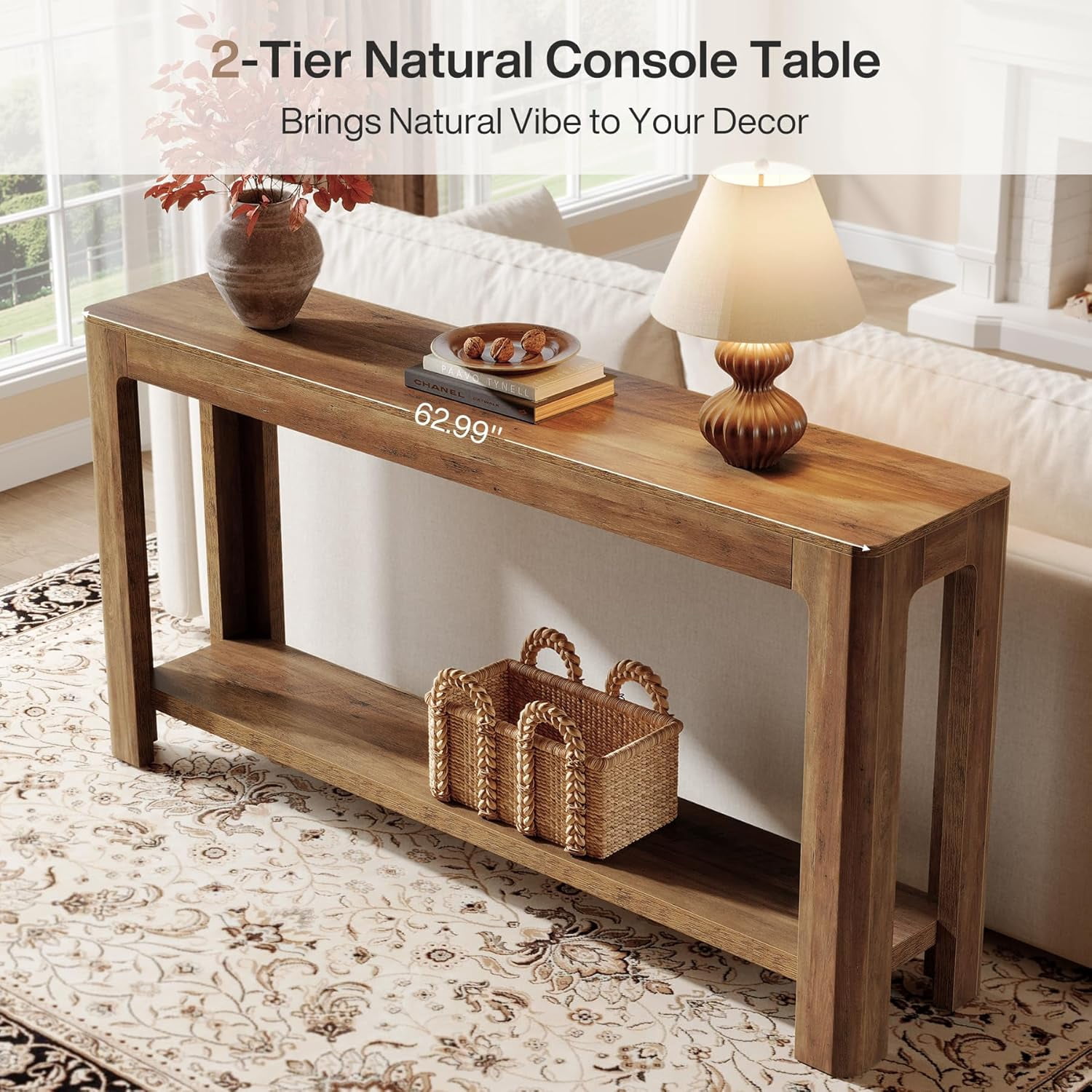 Fnova 63" Farmhouse Console Table, 2-Tier Wood Entryway Table with Storage Shelf, Narrow Sofa Table for Living Room, Hallway, Foyer