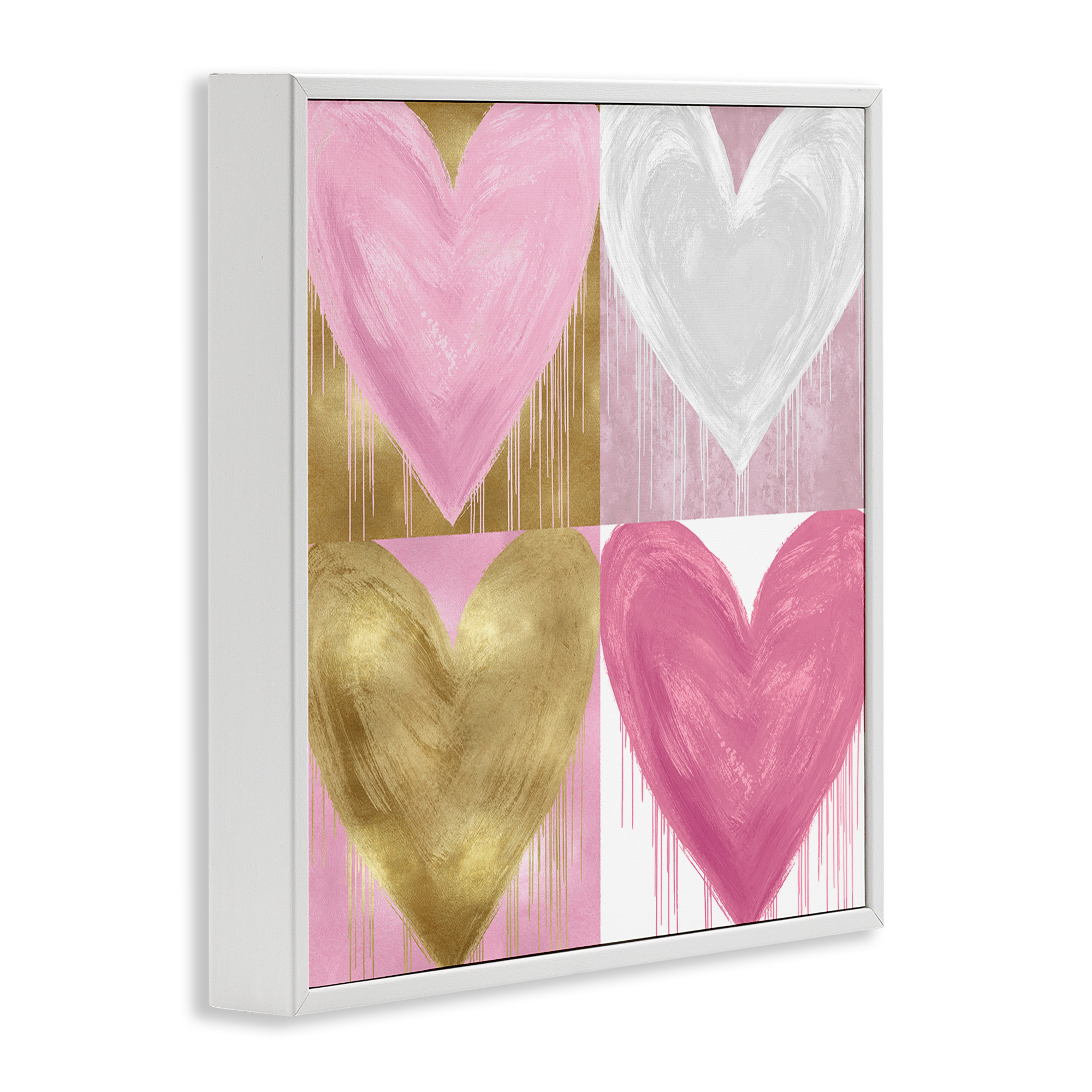 Stupell Industries Pink & Gold Glam Hearts Art for Kids Painting White Framed Art Print Wall Art, 12 x 12
