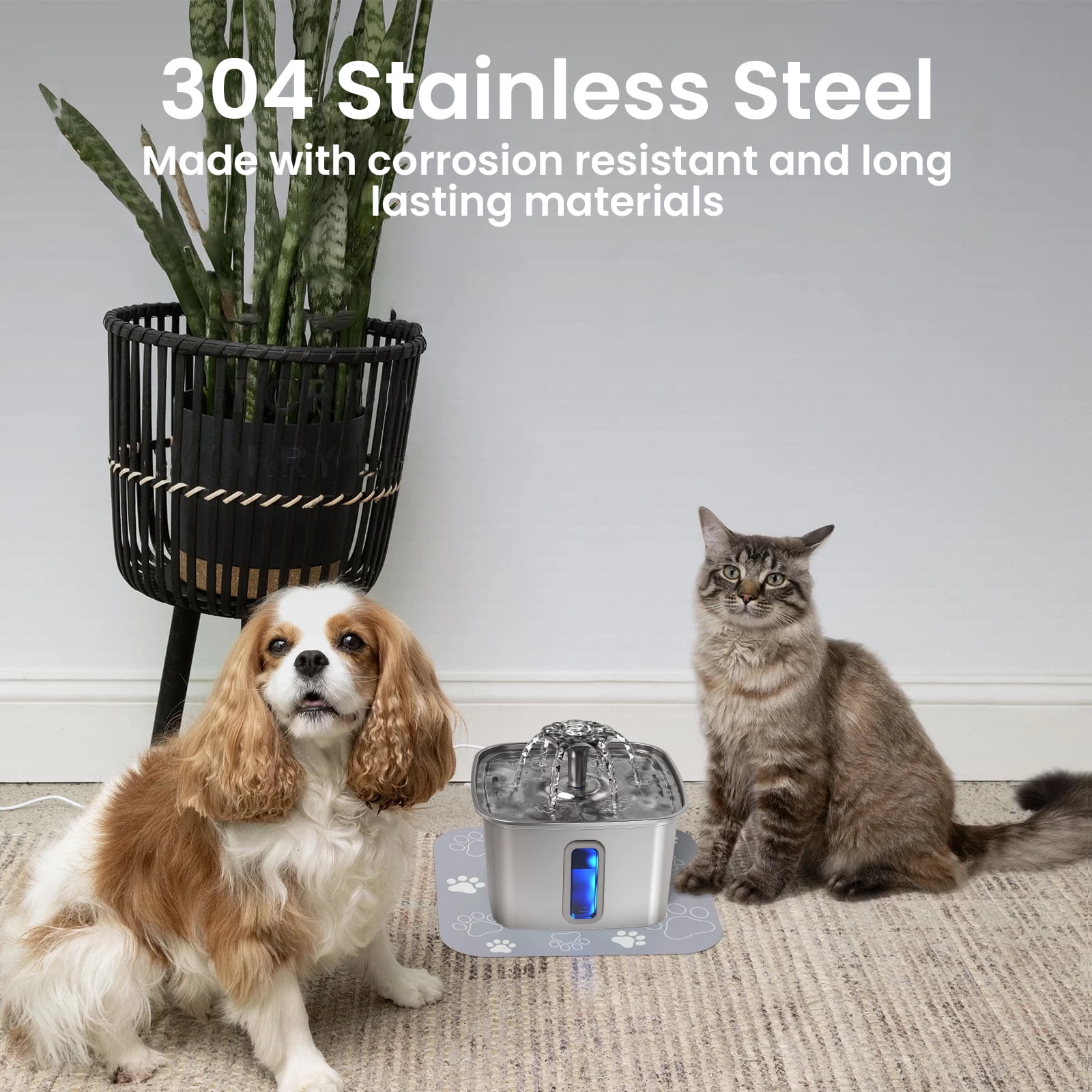 Ophanie 108oz/3.2L Stainless Steel Cat Water Fountain with 3 Replacement Filters & Silicone Mat, Automatic Water Dispenser for Cats and Dogs, Electric Drinking Bowl Suitable for Multiple Pets, Silver