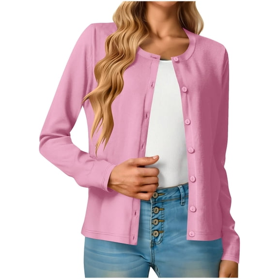 qucoqpe Women's Lightweight Button Down Cardigan Long Sleeve Casual Crew Neck Soft Knit Cardigan Sweater Tops for Women