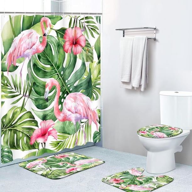 Juego de 4 cortinas de ducha con 12 ganchos, diseño de flamencos de hojas tropicales con alfombrillas antideslizantes, tapa de inodoro y alfombrilla de baño para decoración de baño, 72 x 72 pulgadas