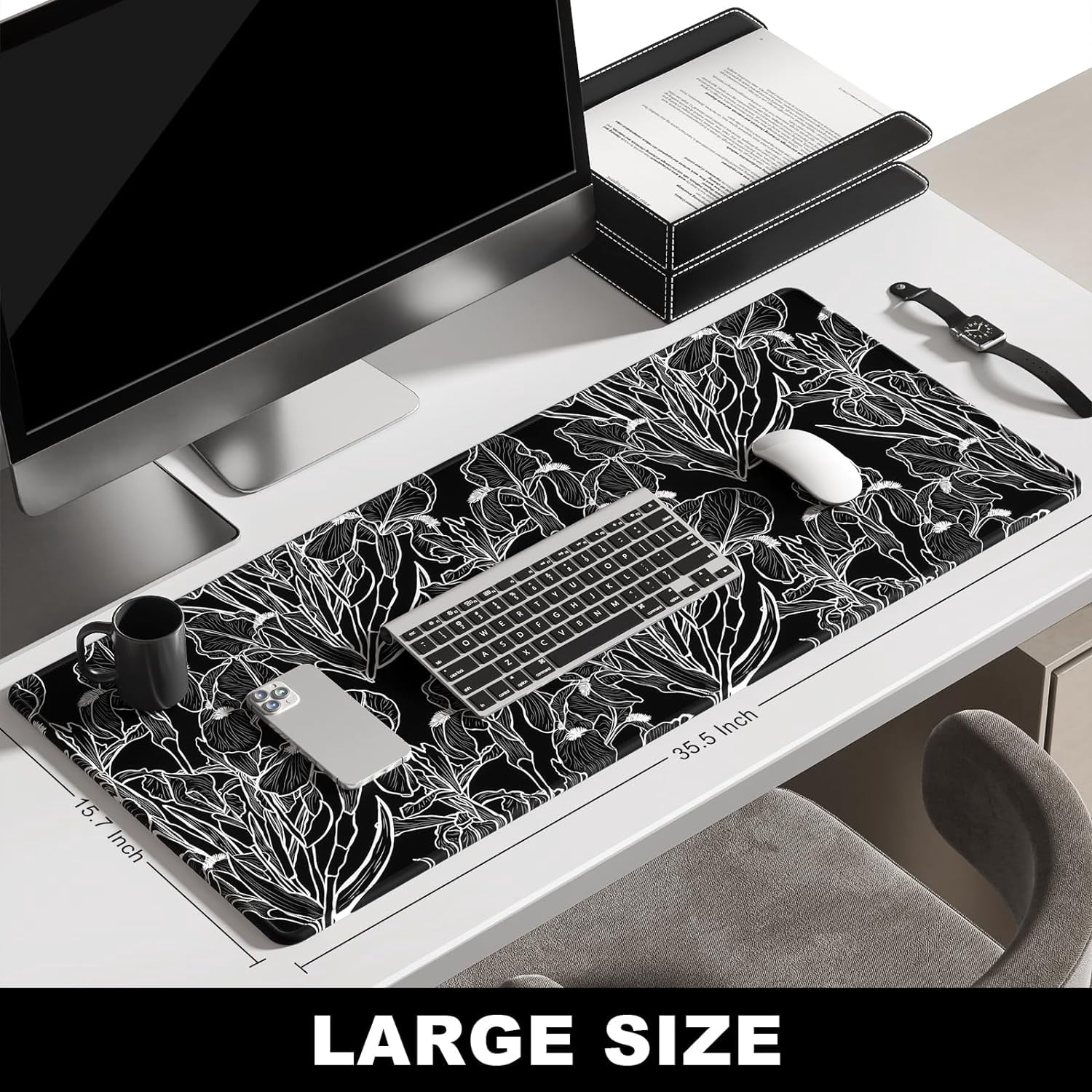 Large Mouse Pad, Desk Pad, XXL XL Extended Gaming Mouse Pad, Desk Mat for Office & Home, Long Keyboard Mat, Huge Mouse Pad, Desktop Full Cover 35.5 x 15.7 Inches, Art Impressionist Flower Black