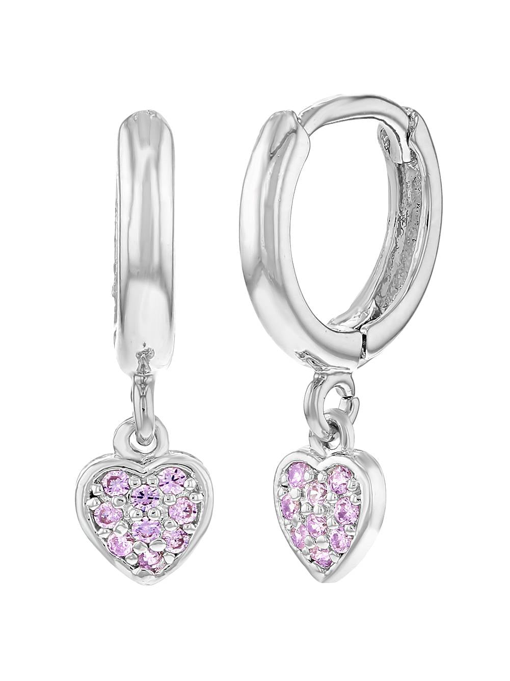 Rhodium Plated Fuchsia Pink CZ Heart Hoop Earrings for Kids Girls Dangle 