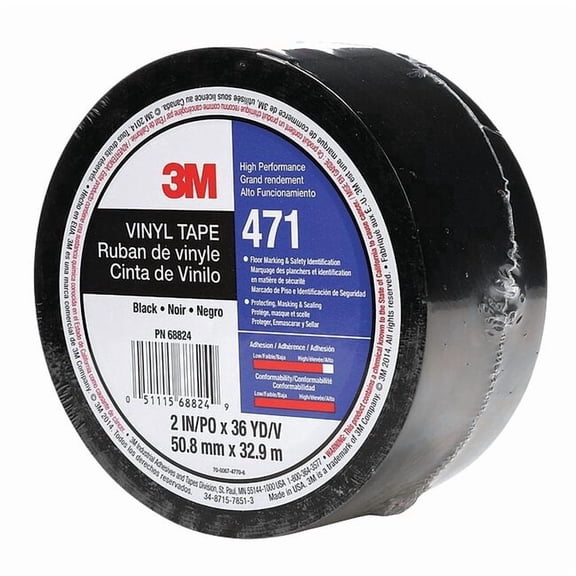 3m Floor Marking Tape, vinyl, Solid, Black, 2 in W., 5.2 mil Thickness 471