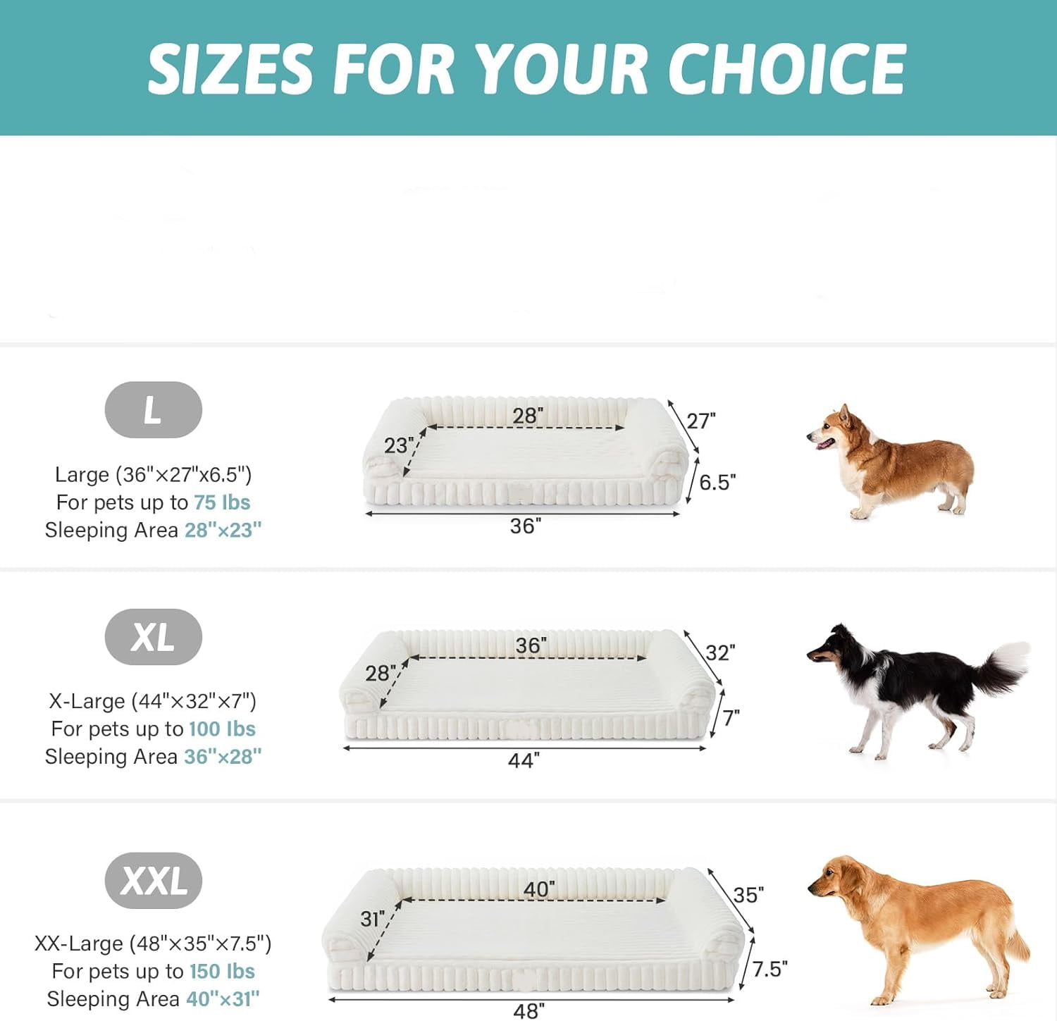 Katieovy Orthopedic Dog Beds for Large Dog,42 inch Removable Washable Dog Beds with Sides,Non-Slip Bottom Memory Foam Large Pet beds,White