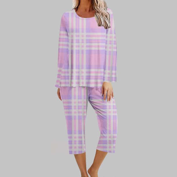 Puntoco Conjunto de capris de manga larga a cuadros con cuello redondo de dos piezas para mujer Puntoco Puntoco-790