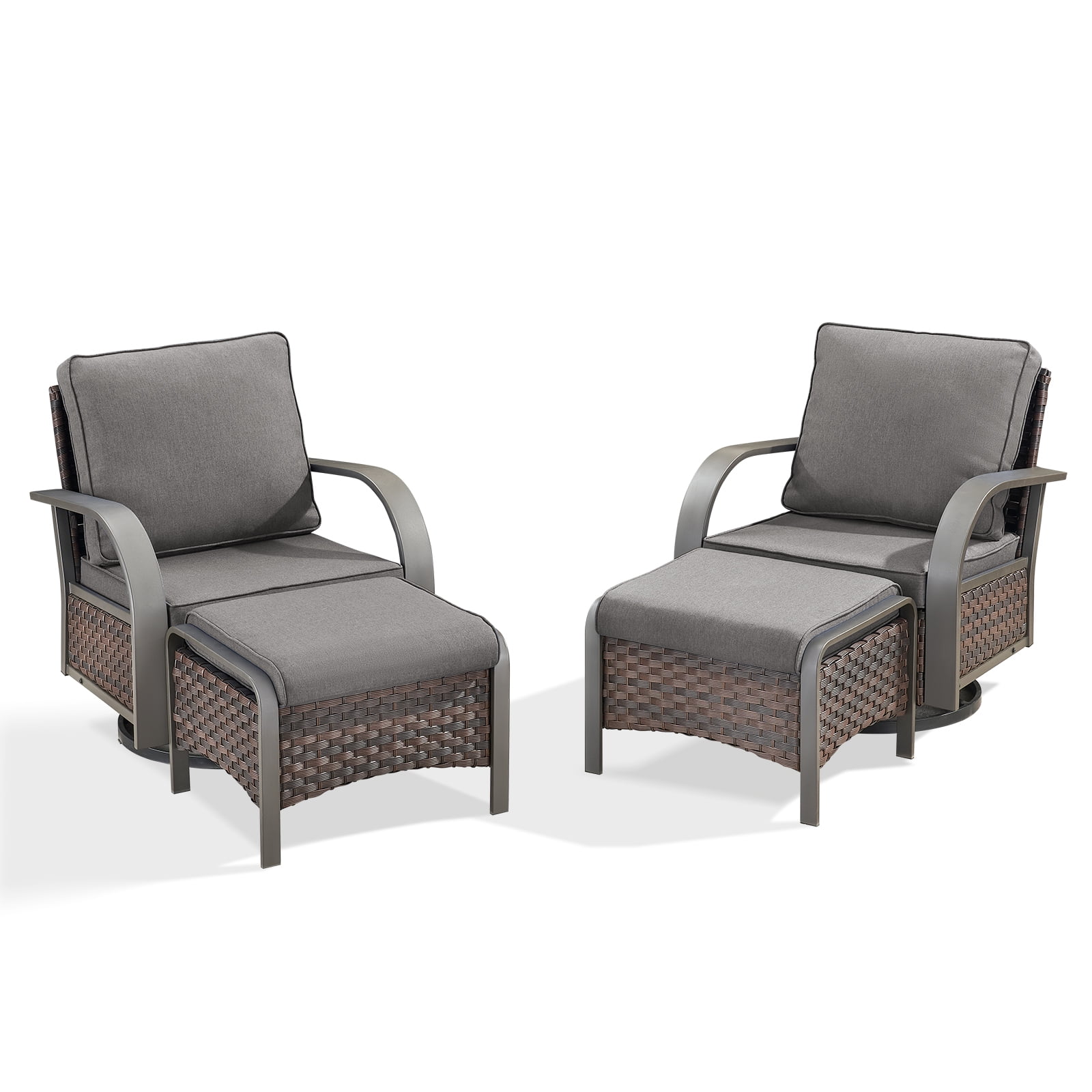 OPOHORO 4-Piece Patio Conversation Set with 2 Swivel Rocking Chairs and 2 Ottomans, PE Wicker Outdoor Furniture with Gray Cushions for Porch or Backyard