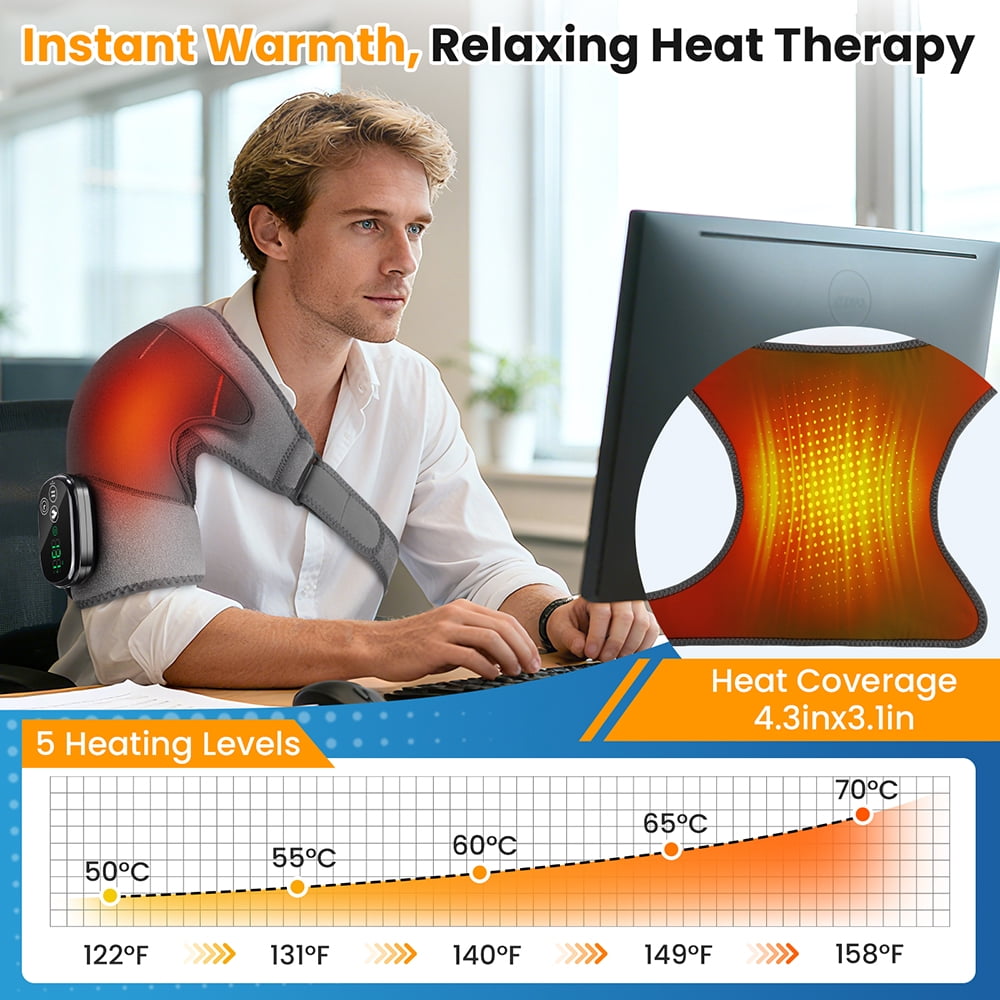 Cordless Shoulder Heating Pad with Massage,4-Motor Heated Shoulder Wrap with Vibration,5 Heat Levels & Rechargeable Battery,Adjustable Shoulder Brace for Men Women,Wearable for Home Office Use
