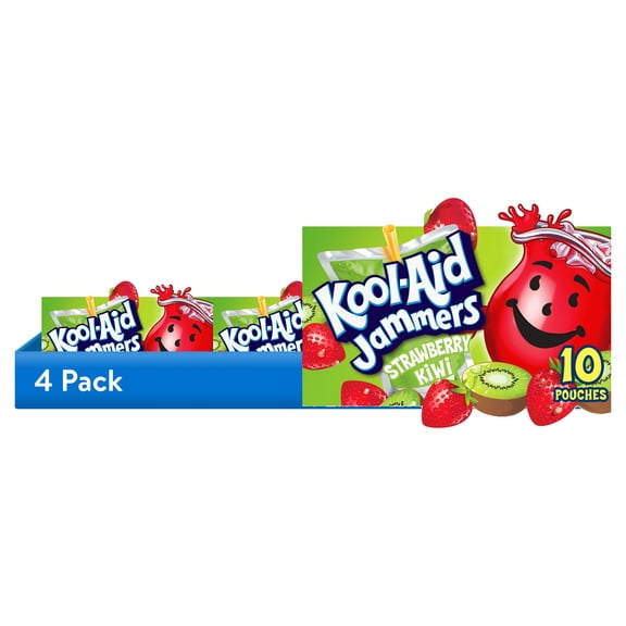 (4 pack) Kool-Aid Jammers Artificially Flavored Drink, 10 Pouches, for School Lunches and On-the-Go Hydration, Strawberry Kiwi Flavor, Excellent Source of Vitamin C, 6 fl oz