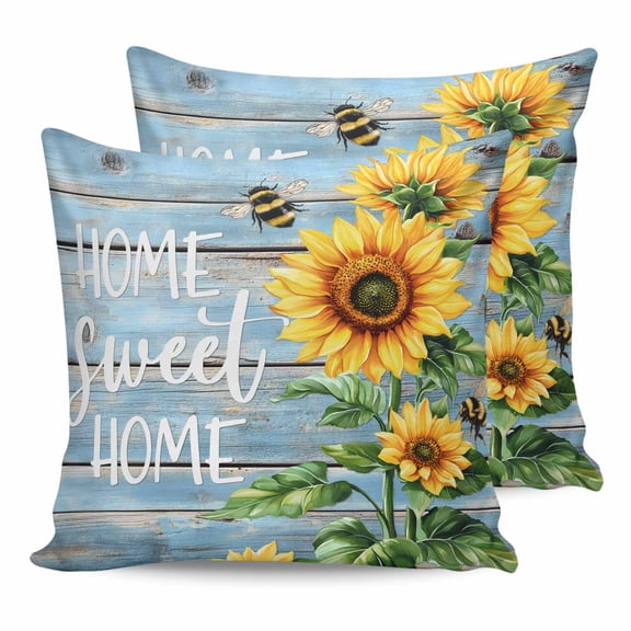 Outdoor Waterproof Throw Pillow Covers Set of 2 Sunflower Sweet Home Decorative Pillowcases Square Outdoor Pillows Cushion Case 18x18 Inch Bee Blue Wood Grain Patio Pillows for Couch Sofa Bed Garden