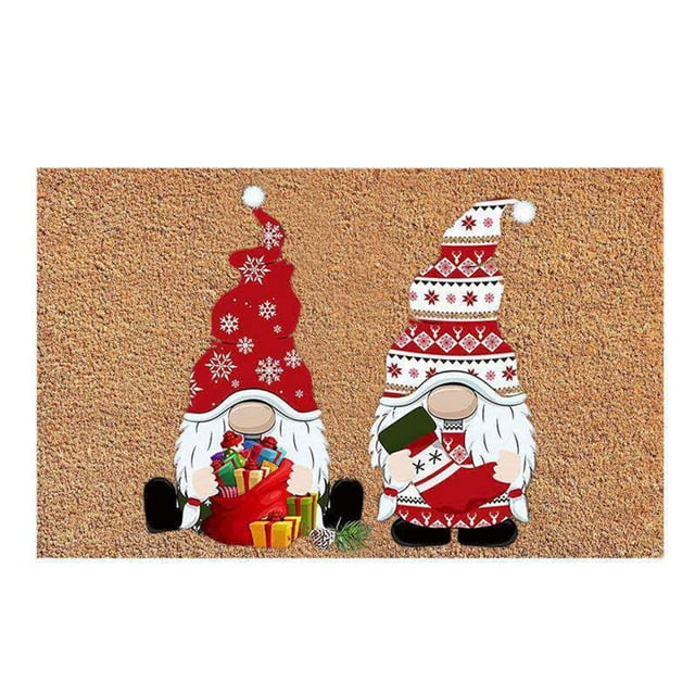 felpudo de bienvenida navideño anggrek para puerta tapete antiincrustante de gnomo enano. Tapete 40x60 cm de fibra de poliéster color natural, vista frontal centrada con dos gnomos navideños; gorros largos rojos y blanco-rojos con motivos de copos y rombos, barbas blancas, uno sostiene regalos y el otro una bolsa, regalos decorativos en la base, pensado para puerta, porche o entrada como tapete navideño.