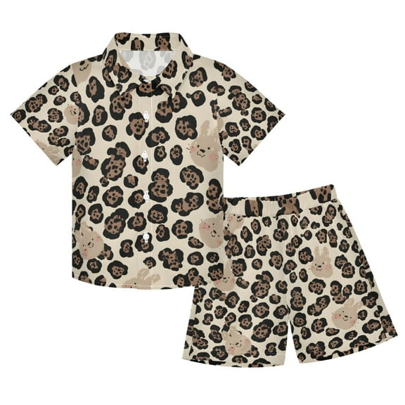 joogoo Boy Shorts Set Rabbit in Leopard 2 Piece Short Sleeve Button Down Hawaiian Shirt Shorts 5-6T