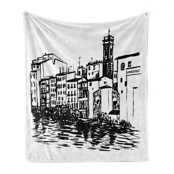 European Soft Flannel Fleece Throw Blanket, Venice City Sketch Style Hand Drawn Historical Buildings Tourist Town Picture, Cozy Plush for Indoor and Outdoor Use, 70" x 90", Black White, by Ambesonne