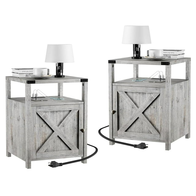 VEANERWOOD Table de Chevet Style Ferme avec Station de Recharge, Table d'Appoint pour Salon, Blanc Grisâtre