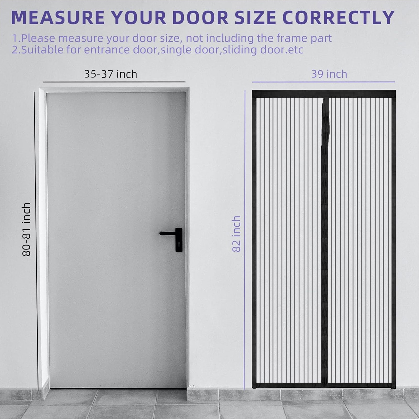Magnetic Screen Door,Size 39"×82" ,Heavy Duty Door Screen Magnetic Closure Keep Bugs Out,Screen Door Mesh- Pet and Kid Friendly Fits,Free Double-sides Tape,White