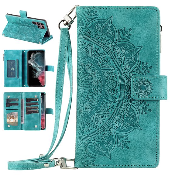Nalacover for Samsung Galaxy S22 Ultra Embossed Floral Pattern PU Leather Crossbody Case with Shoulder Strap,Shockproof Magnetic Flip Stand Credit Card Slots Zipper Pocket Wallet Phone Case,Green