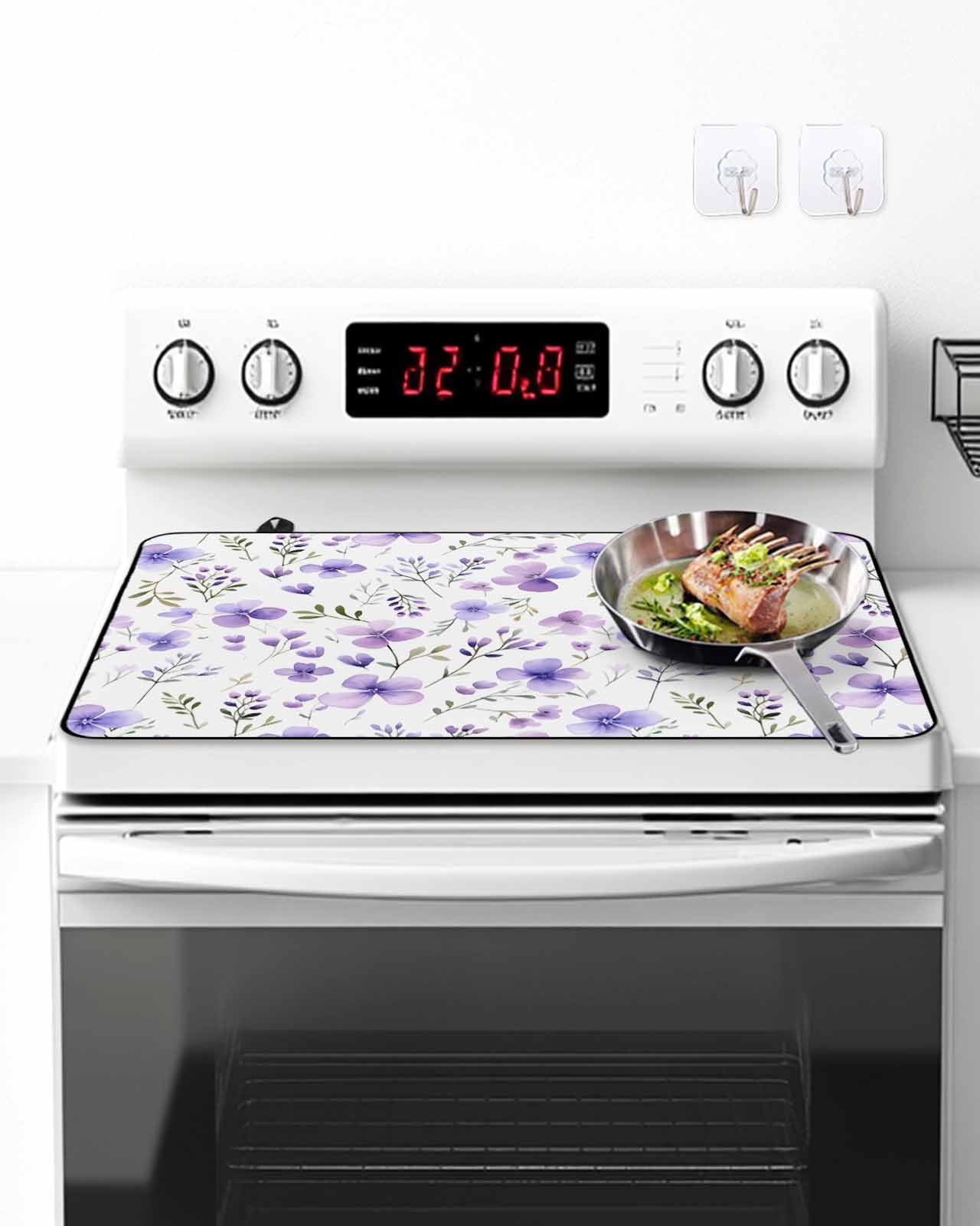 Stove Top Covers for Electric Stove, Purple Spring Floral Glass Stovetop Cover Protector, Pastoral Botanical Watercolor Induction Cooktop Protector Oven Mat for Kitchen Countertop 24"x21"