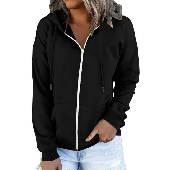 Fgnfyis Women Daily Casual Button Down Hoodie Long Sleeve with Pocket Drawstring V Neck Pullover Black S