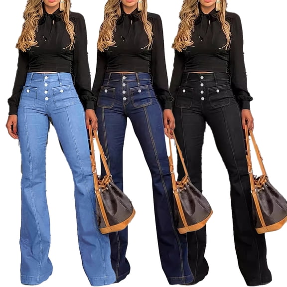 LYMAYTER Women's High Waist Flare Bell Bottom Jeans Button Front Vintage Wash Stretch Denim Pants