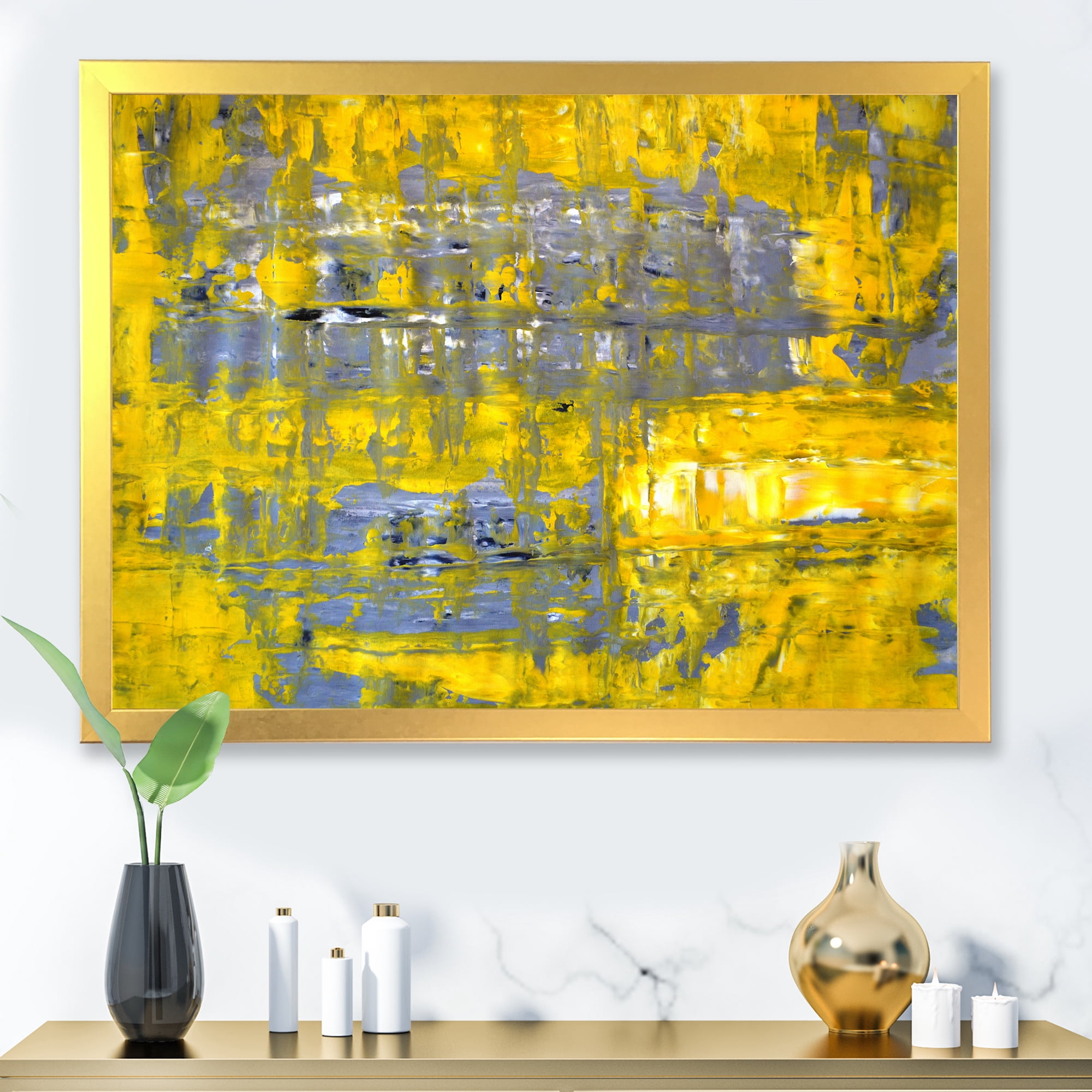 Designart 'Grey Meets Yellow Abstract Art I' Modern Framed Art Print