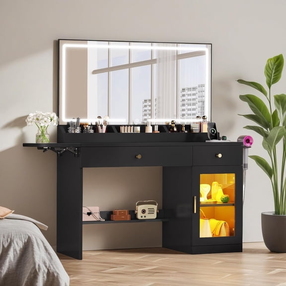 Vanity Desk with Large Mirror and LED Light, Power Outlets, Makeup Vanity Table with Foldable Countertop, Dressing Table with RGB Cabinet
