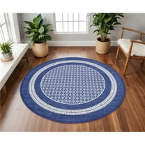 HomeRoots 552326 8 ft. Geometric Distressed Round Rug, Ivory & Navy Blue