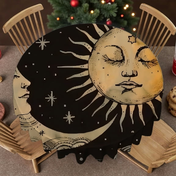RKSupls 60 Inch sun moon stars Print Round Tablecloth, Polyester Tablecloths Holiday-Themed Design, sun moon stars