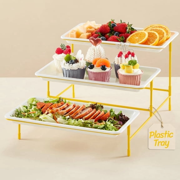 Norcho 3 Tier Serving Tray, White Plastic Tiered Food Serving Platters with Collapsible Gold Metal Stand, 12" x 6.5"