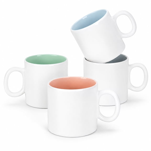 QUANSHANGJU 12oz Ceramic Coffee Mugs Set of 4, White with Pastel Inner Glaze, Large Handle Cups for Latte, Tea & Cocoa, Microwave & Dishwasher Safe