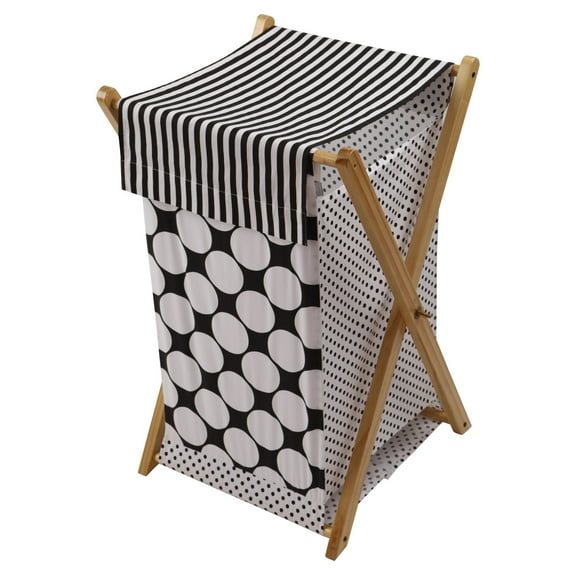 Bacati - Dots/Pin Stripes Hamper with Cotton Percale cover, mesh liner and Natural Color Wooden frame, Black/White