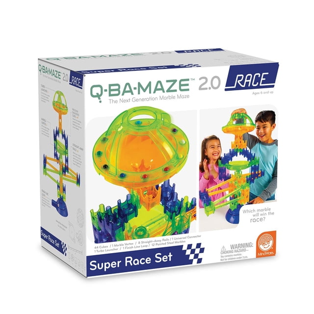 MindWare Q-BA-Maze 2.0 Ensemble de Course Rallye, Trousse de Construction de Piste Modulaire en Marbre avec Cubes, Rails, Lanceur et Billes, Jouet de Construction STIM pour Problème S