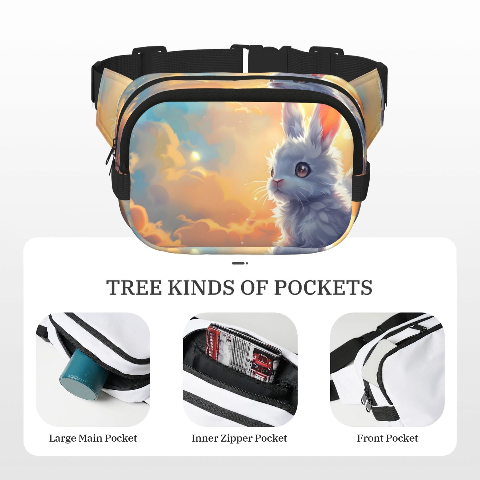 Picia Sunshine Colorful Cloud Rabbit Print Square Double-Layer Waist Bag Mini Adjustable Waist Belt Bag Exercise Running Travel Hiking