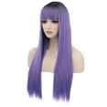 thumbnail image 3 of RightOn 28" Purple Wig Straight Long Hair Wigs with Bangs Women Black Ombre Purple Wigs Synthetic Natural Looking Wig with Wefted Wig Cap, 3 of 7