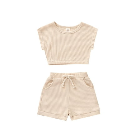 

Liliz Kids Baby 2-piece Outfit Set Solid Color Top and Pocket Shorts Set for Children Boys Girls