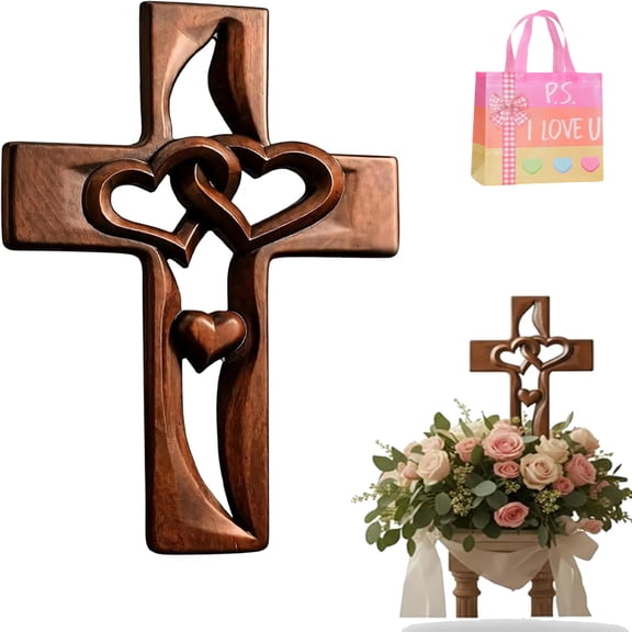 Handmade Wooden Cross with Intertwined Hearts | Christian Inspirational Wall Decor, Sacred Marriage Cross for Couple - Perfect Valentine's Day Christmas Wedding Gift