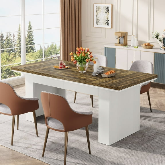 Finmind 63" Farmhouse Dining Table for 4-6 People, Rectangle Kitchen Table Dining Room Table, Wood Brown & White Family Dinner Table for Living Room, Kitchen, Dining Room