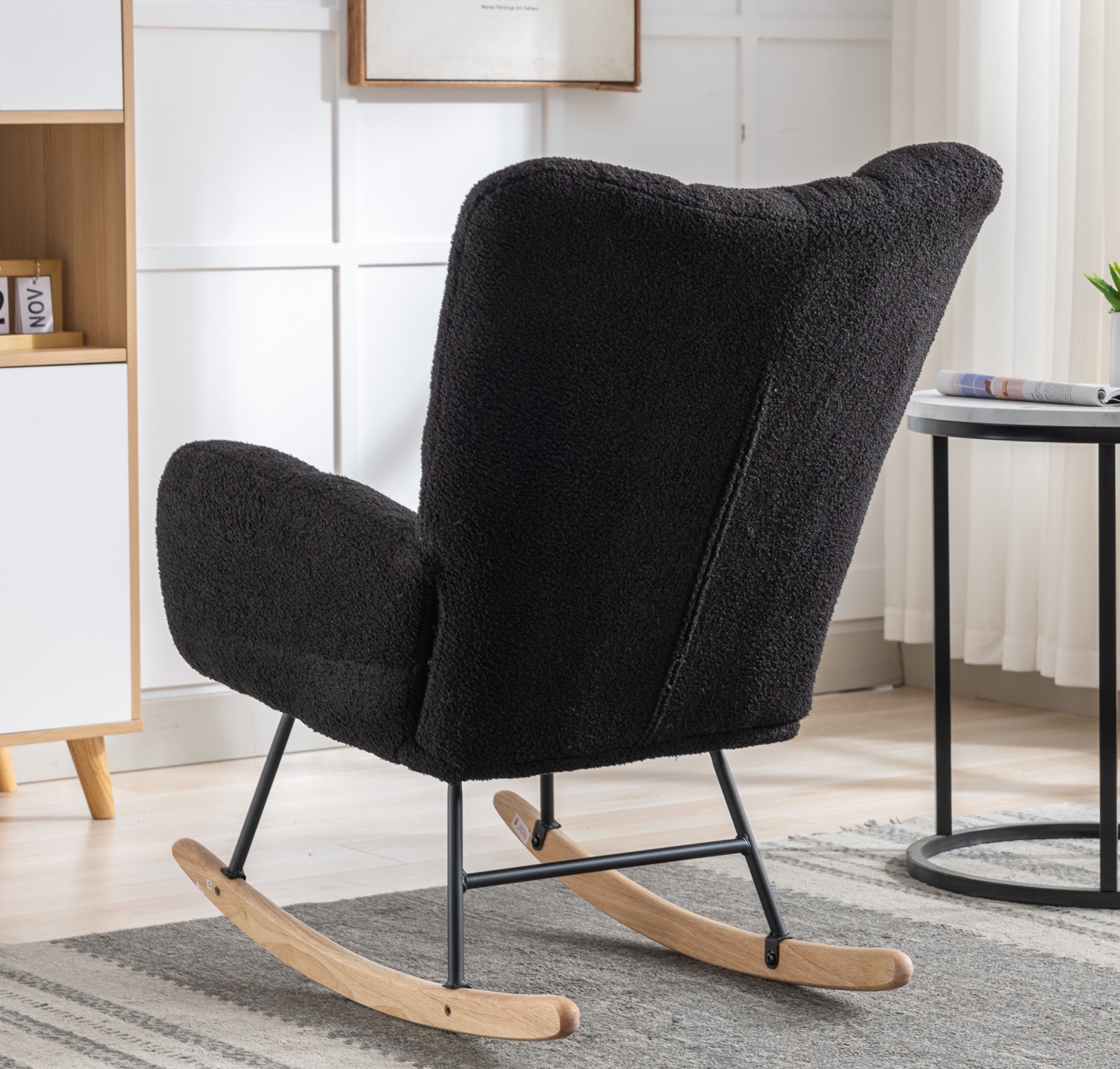 Rocking Chair Nursery,Modern Accent Rocking Chair with High Backrest,Teddy Fabric Upholstered Nursery Glider Rocker for Nursery,Living Room, Bedroom,Black
