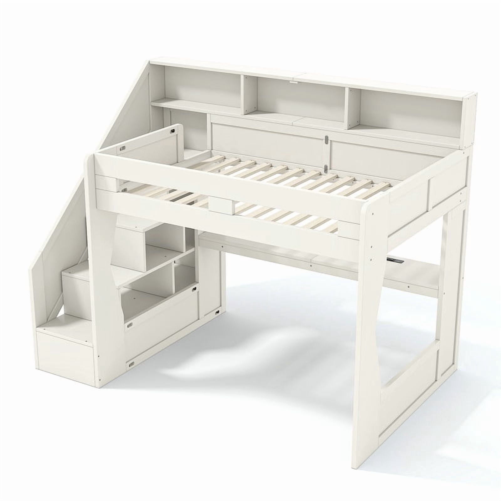 Full Size Teens Gaming Bed Frame with Storage Stair & Open Headboard Shelves, Wood Loft Bed with LED Light & Power Outlet Desk