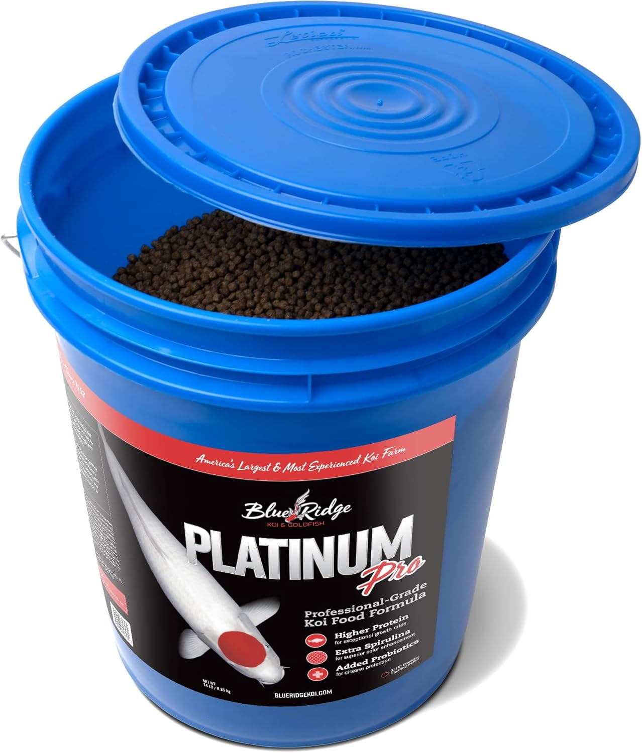 Blue Ridge Koi Fish Food 14lb - Koi Food 3/16” Platinum Pro Formula Goldfish Food, Premium Fish Food for Ponds, Floating Pond Pellets Fish Food