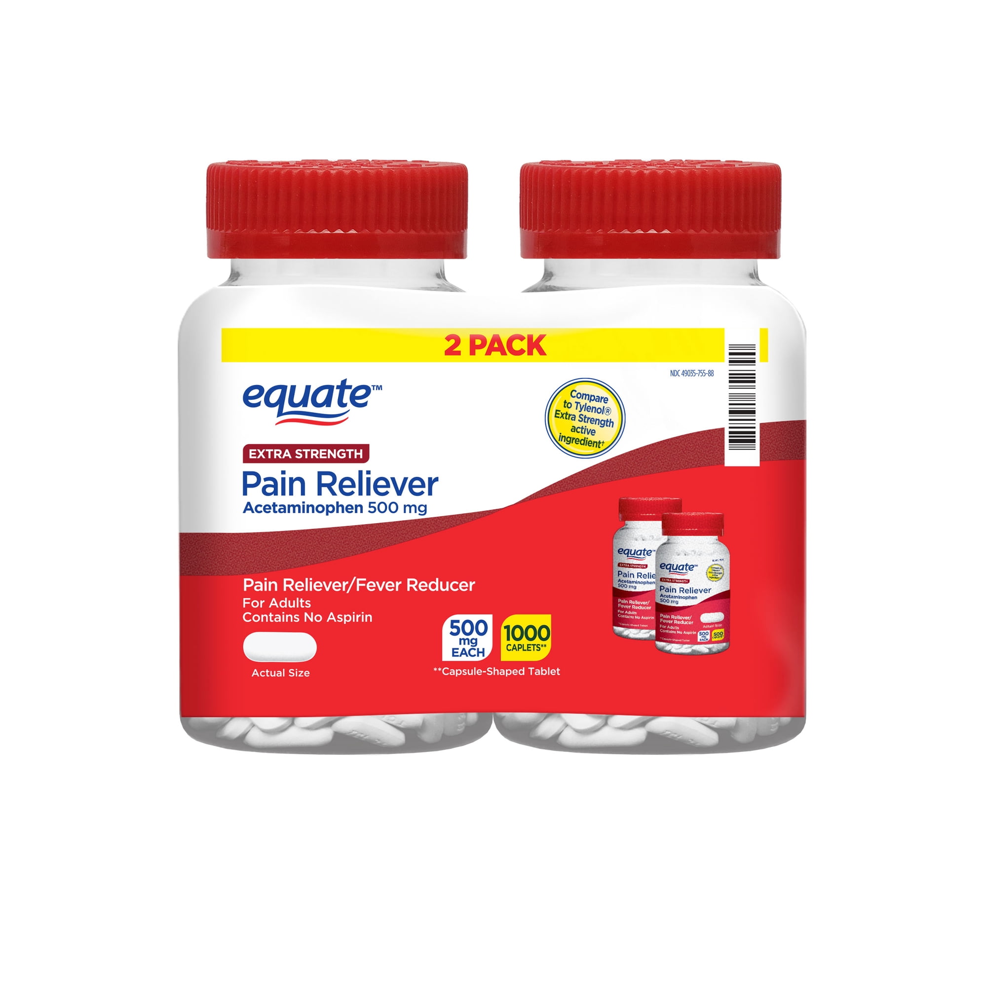 Equate Extra Strength Acetaminophen Pain Reliever Caplets, 500 mg, 1000 Count