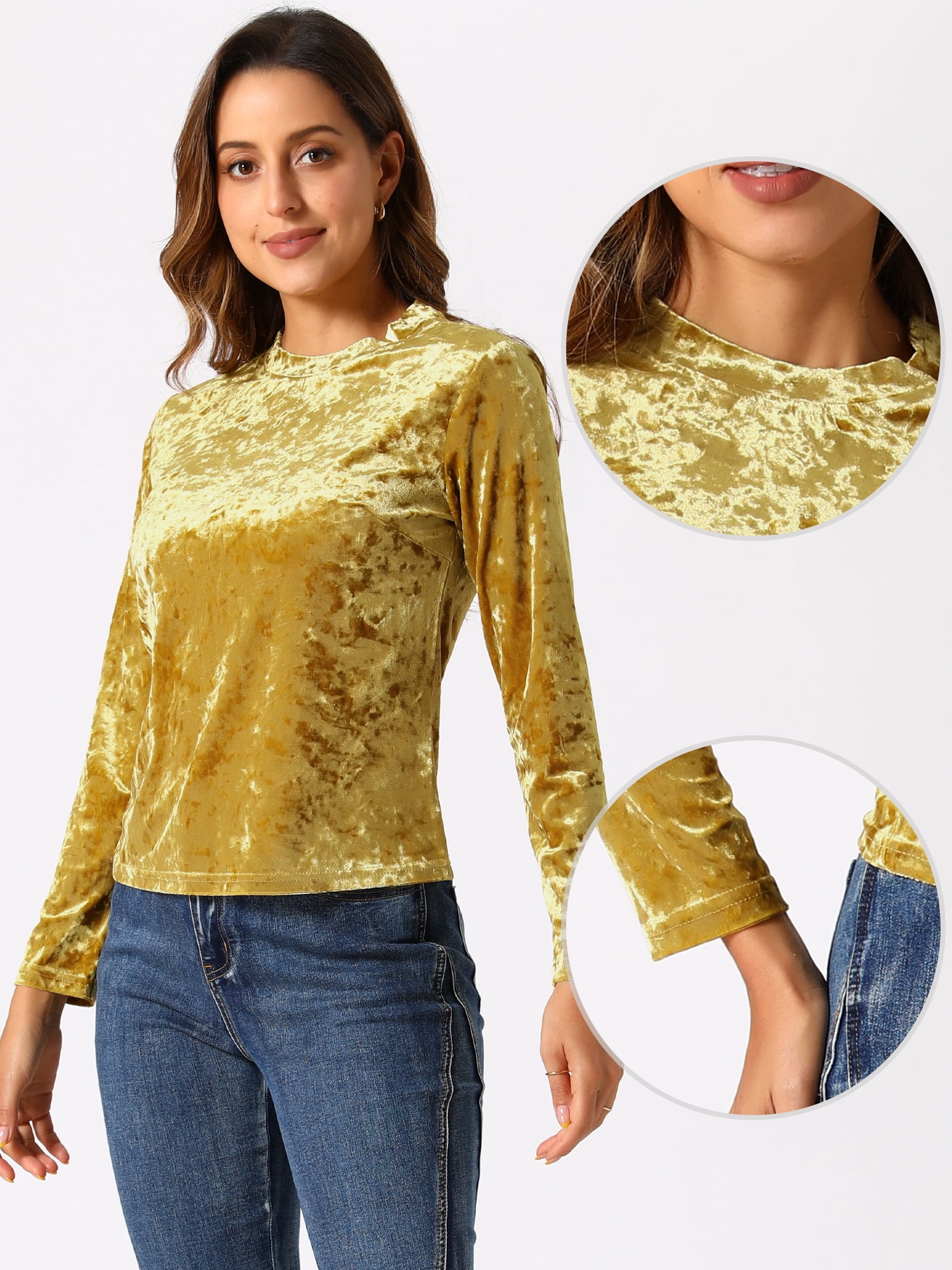 DARING DIVA Velvet Tops Round Neck Casual T-Shirt S Yellow