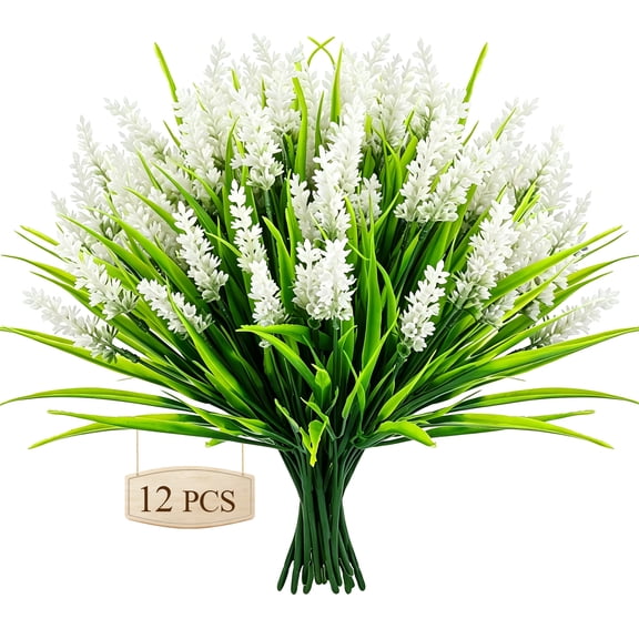 Artificial Lavender Flowers Fake Plants for Patio 12 Bundles Home Decor Faux Monkey Grass for Porch Outdoor Garden Indoor 15 Inch-white