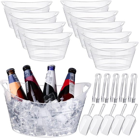 Zhehao 10 Pcs Ice Bucket for Parties 4.5 l Oval Beverage Tub with 5 Plastic Ice Scoops and 5 Tongs Champagne Bucket for Beer Wine Cocktail Beverage Bar Banquet Family Gathering (Large Scoops, Clear)
