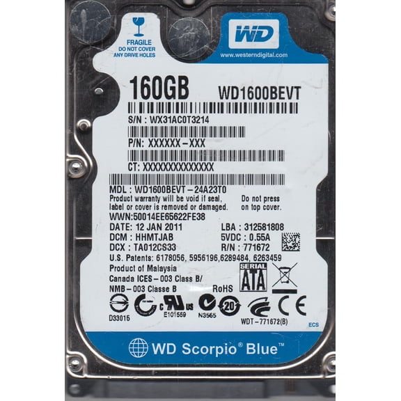 WD1600BEVT-24A23T0, DCM HHMTJAB, Western Digital 160GB SATA 2.5 Hard Drive