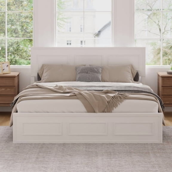 Queen Bed Frame, Wooden Platform Bed with Adjustable Height Headboard, Geometric Panel Design, Under-Bed Storage, No Box Spring Needed, Pine Frame, White